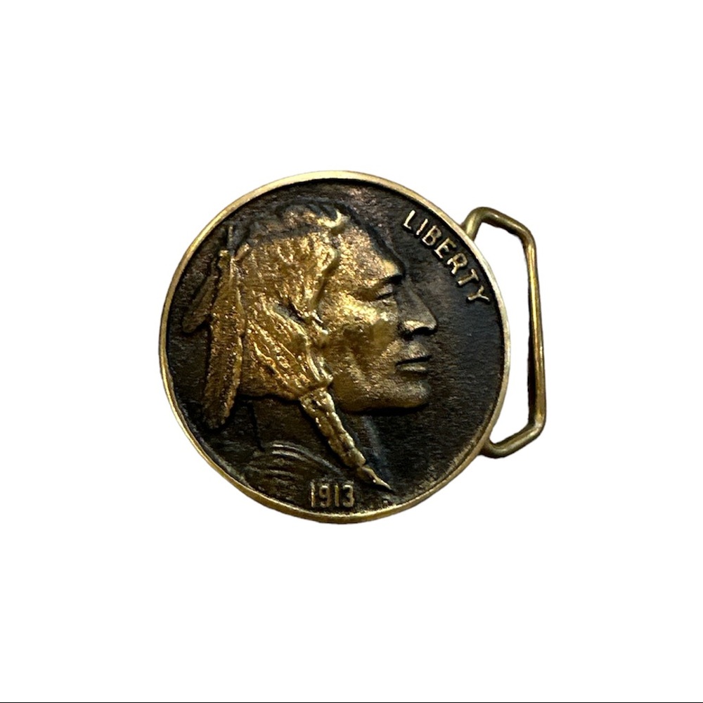 Vintage Indian Head Coin Solid Brass Round Belt Buckle